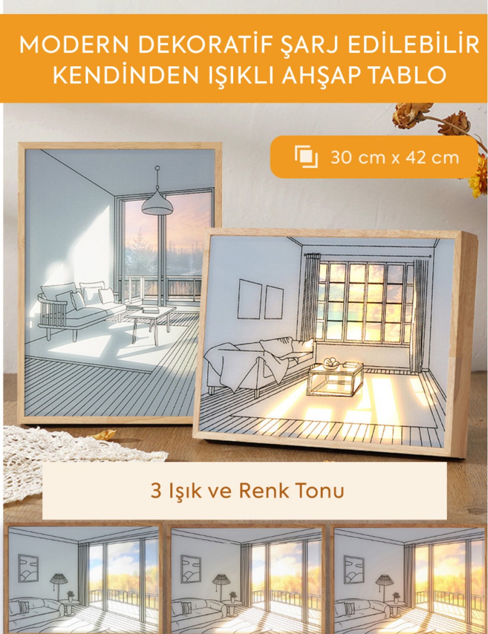 MODERN DEKORATİF ŞARJ EDİLEBİLİR KENDİNDEN IŞIKLI AHŞAP TABLO