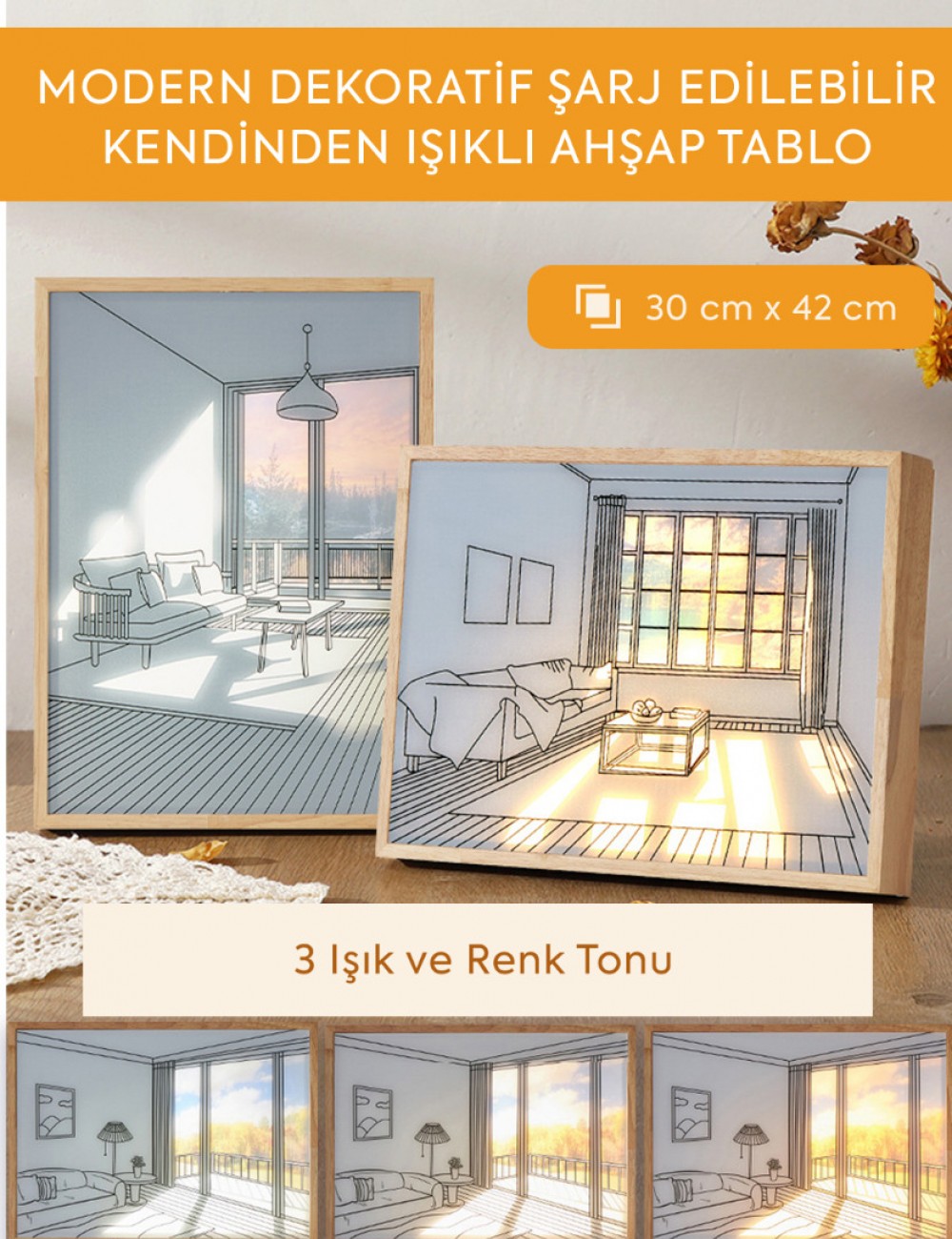 MODERN DEKORATİF ŞARJ EDİLEBİLİR KENDİNDEN IŞIKLI AHŞAP TABLO