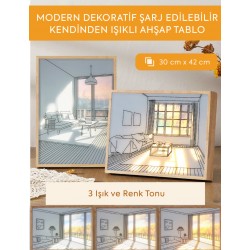MODERN DEKORATİF ŞARJ EDİLEBİLİR KENDİNDEN IŞIKLI AHŞAP TABLO