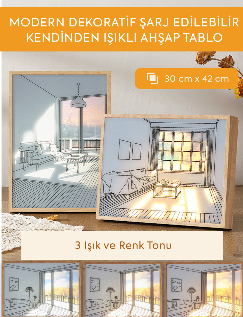 MODERN DEKORATİF ŞARJ EDİLEBİLİR KENDİNDEN IŞIKLI AHŞAP TABLO