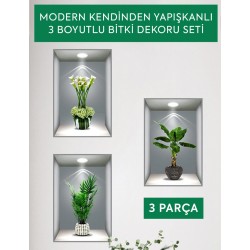 3lü SET - MODERN KENDİNDEN YAPIŞKANLI 3 BOYUTLU BİTKİ DEKORU SETİ