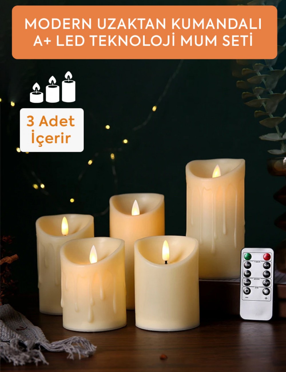 3lü Set MODERN UZAKTAK KUMANDALI A+ LED TEKNOLOJİLİ MUM SETİ