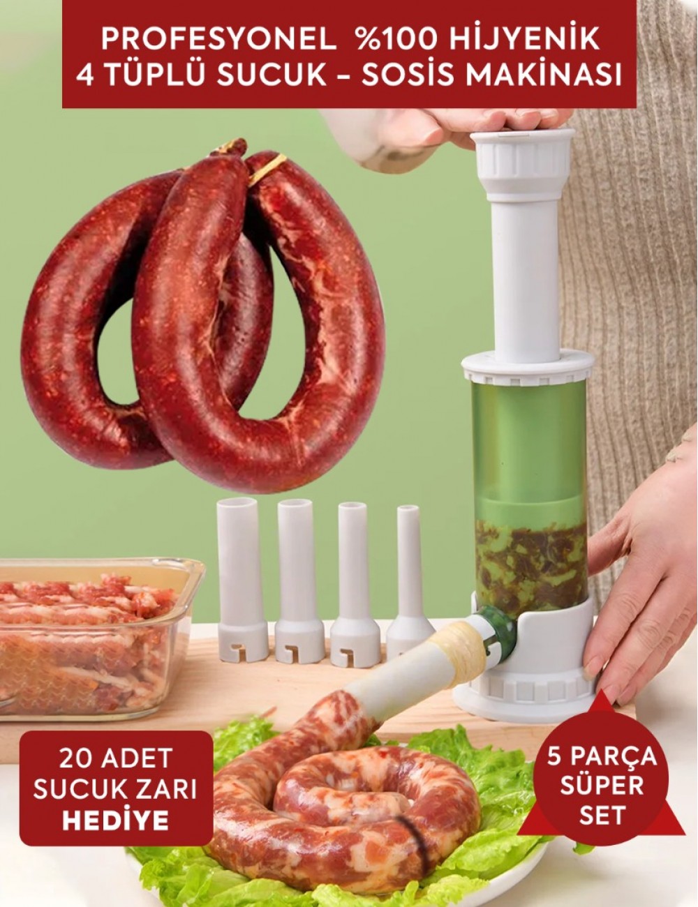 5li Set PROFESYONEL %100 HİJYENİK 4 TÜPLÜ SUCUK - SOSİS MAKİNASI