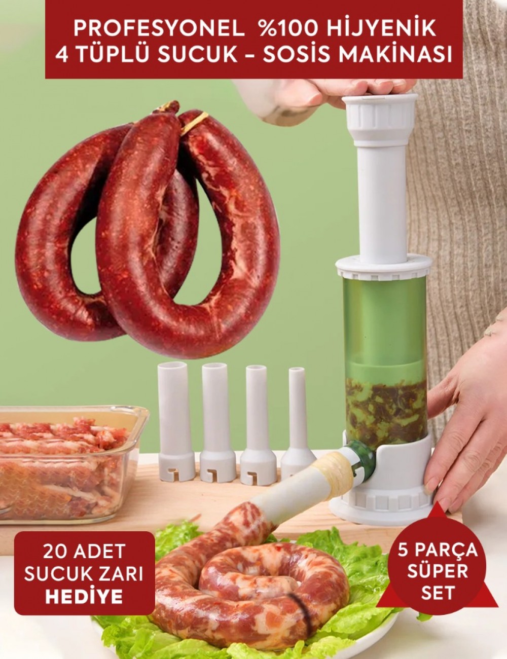 5li Set PROFESYONEL %100 HİJYENİK 4 TÜPLÜ SUCUK - SOSİS MAKİNASI